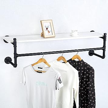 Industrial Pipe Clothing Rack Wall Mounted Wood Shelf,Pipe Shelving Floating Shelves,Retail Garment Rack Display Rack Clothes Racks(1 Tier,30in)