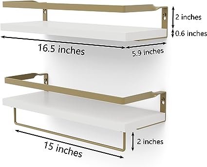 Home Decor Floating Shelves with Towel Bar/Hooks, (Gold-White)