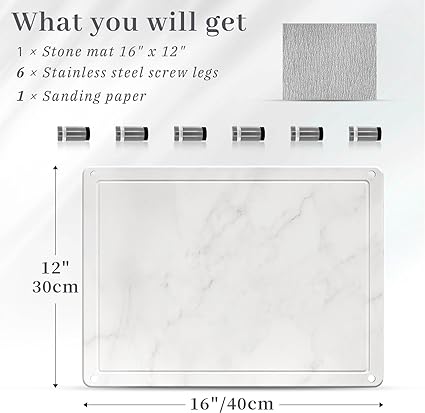 Stylish White Marble Stone Mat with 4 Non-slip Legs for Counter Protecting, Stone Dish Drying Mat Eco-Friendly 16" x 12"