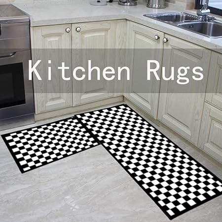 2 Piece Carpet Rubber Backing Non-Slip Kitchen Mat, (17"x23"+17"x47", Black Mosaic)