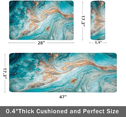 Anti Fatigue Coastal Rugs Beach Theme Fish Pattern Waterproof Non-Slip Ergonomic Comfort Standing Mat for Sink Laundry Bedroom,17.3 x28+17.3 x 47 Inch, PVC, Blue