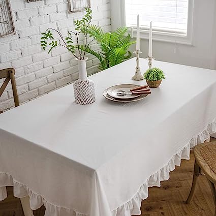 Rustic Flounces Tablecloth Washable Vintage Ruffle Trim Table Cover (White, Rectangle - 60" x 102")