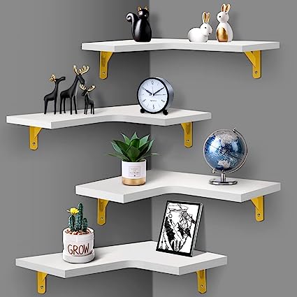 Set of 4, Floating Corner Shelves for Wall Décor Storage, (Grey)…