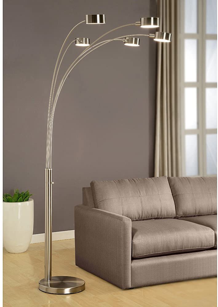 5 Arc Brushed Steel Floor Lamp w/ Dimmer Switch, 360 Degree Rotatable Shades - Dim Options - Stainless Steel