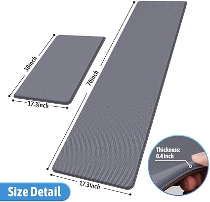 2 PCS Anti-Fatigue Cushioned Non-Skid Standing Mat for Kitchen, Office, Sink, 17.3"×30"+17.3"×47", Grey