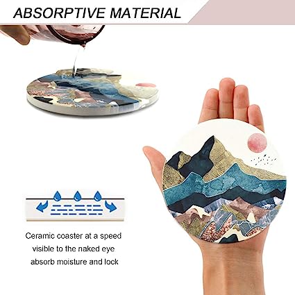 Round Drinks Absorbent Stone Coaster Set With Ceramic Stone and Cork Base (Forest, 4)