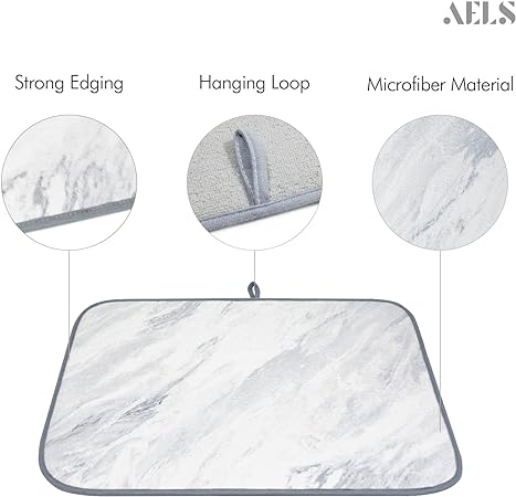 Brown Marble Reversible Absorbent Microfiber Dish Drainer/Rack Pads with Hanging Loop, XL 24" x 18"