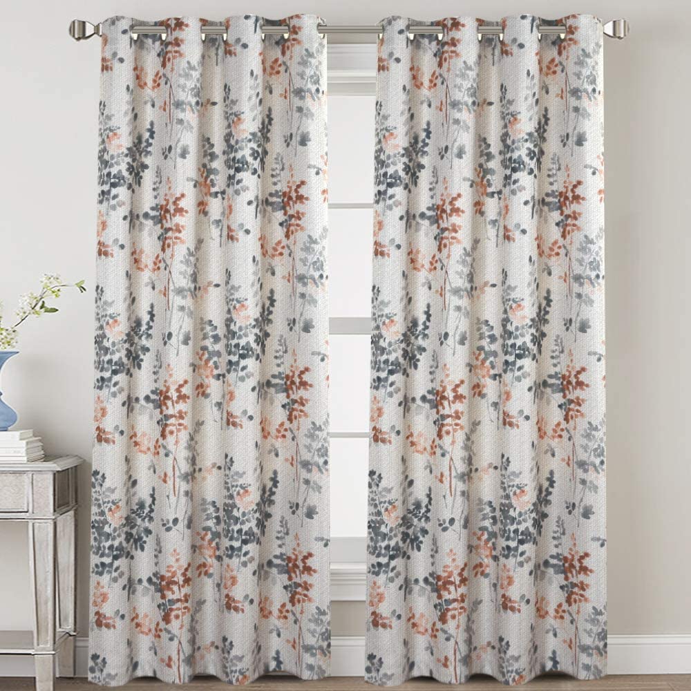 Linen Blackout Curtains 63 Inches Burlap Effect Linen Curtain Draperies for Grey Floral Printing Grommet 2 Panel