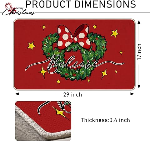 Non-Slip Christmas Believe Mouse Wreath Red Decorative Front Door Mat, 17x29 Inch