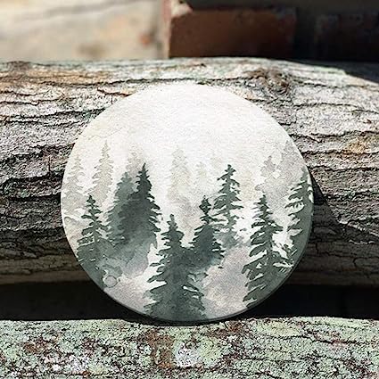 Round Drinks Absorbent Stone Coaster Set With Ceramic Stone and Cork Base (Forest, 4)