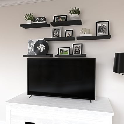 Set of 6, Black Wall Shelves with Lip