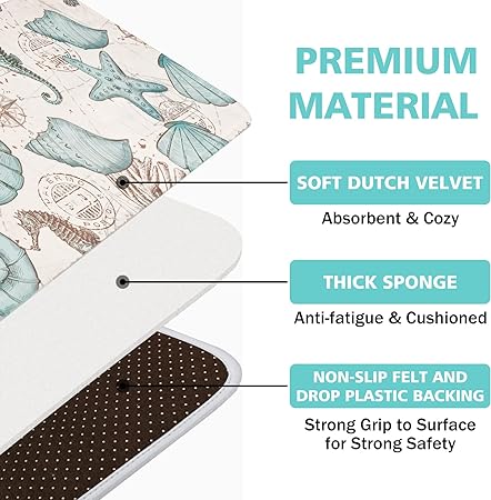 Set of 2,Coastal  Anti Fatigue Cushioned Non Slip,  Summer Nautical Kitchen Rugs, 17'' x 47'' + 17'' x 30''