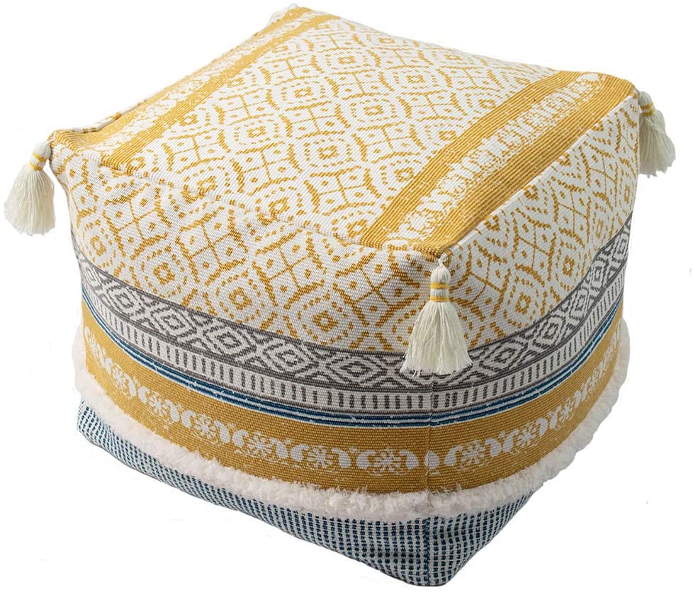 Boho Tufted Decorative Unstuffed Pouf - Farmhouse Casual Ottoman Pouf Cover with Big Tassels, Handwoven Foot Rest