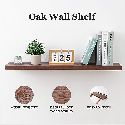 8 Inch Deep Rustic Natural Oak Wood Wall Shelves for Storage, Wall Mounted Wooden Display Shelving for Bedroom, Living Room, 24'' x 8'' Shelves, Natural Oak Color, Set of 2