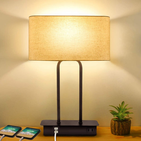 3-Way Dimmable Touch Table Lamp W/ 2 USB Ports and AC Power Outlet Modern Bedside Nightstand Lamp