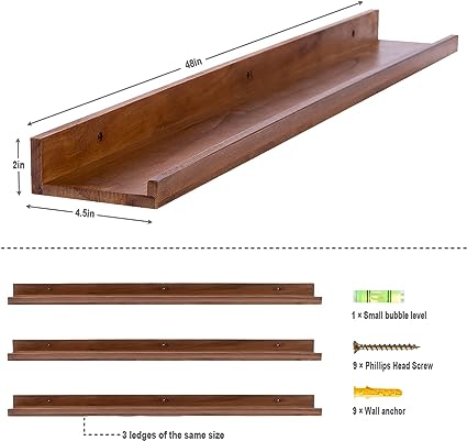 6 Inch Wood Floating Shelves Wall Mounted Light Walnut Picture Ledge Shelf, 3 Same Sizes