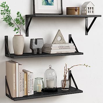 Set of 3, Floating Shelves with Black Metal Brackets (Natural Color)