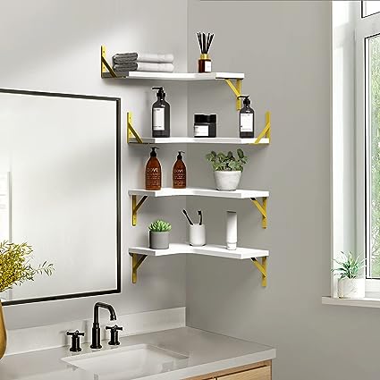 Set of 4, Floating Corner Shelves for Wall Décor Storage, (Grey)…