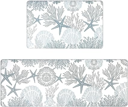 Ocean Themed Waterproof Non Slip Kitchen Floor Mats Coastal Beach Anti Fatigue Mat Seashell Coral Starfish Decorative Mat for Home Kitchen Sink EntranceSet of 2