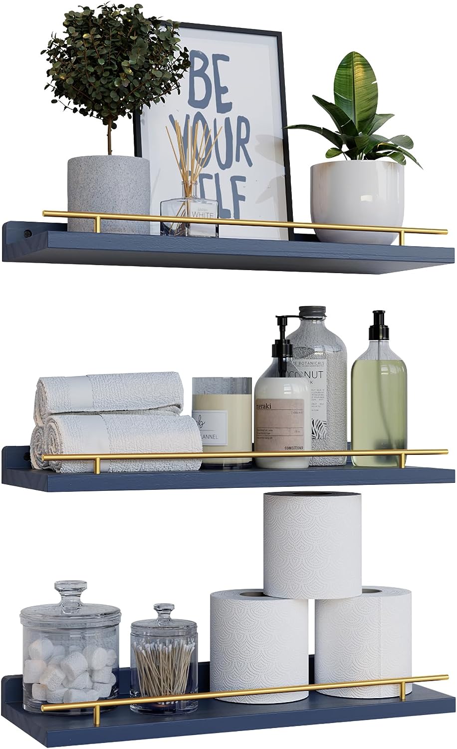 Set of 3 Floating Shelves with Black Metal Guardrail