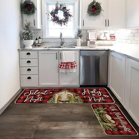 Anti-Slip O Holy Night Red Buffalo Plaid Christmas Kitchen Rugs Set of 2, 17x29 and 17x47 Inch
