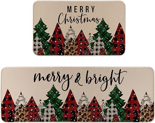 Anti-Slip Buffalo Plaid Merry Christmas Trees Kitchen Rugs Set of 2, White- 17x29 and 17x47 Inch