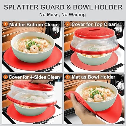 Microwave Mat & Food Cover- 10“ Mat as Bowl Holder, Multi-use: Silicone Trivet, Utensils Rest for Kitchen Counter