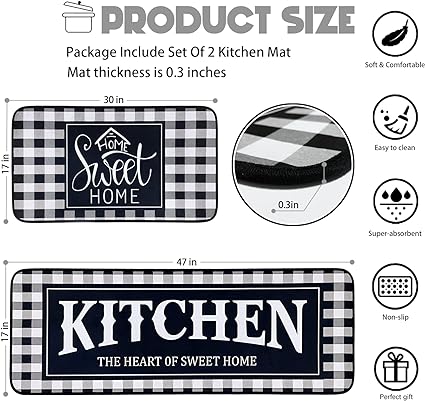 Non Skid Washable Microfiber mats for Kitchen Floor, Kitchen Rules Theme Kitchen Cushioned Runner Rug Decor Sets of 2,Size 17"x 47"+17"x 30"