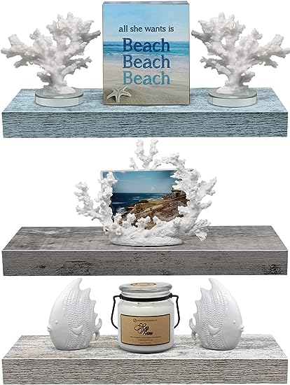 Floating Shelves for Wall - 3 Pack Coastal Beach Wall Decor for Bedroom, Bathroom, Nursery, Living Room, Office, Home & Kitchen