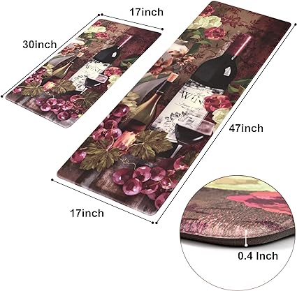 Set 2 Piece Cushioned Anti Fatigue Kitchen Mat Artistic, Rustic Kitchen Rugs and Mats No Skid Washable for Home, Waterproof Floor Comfort Mat PVC, 17" x 47" + 17" x 30"