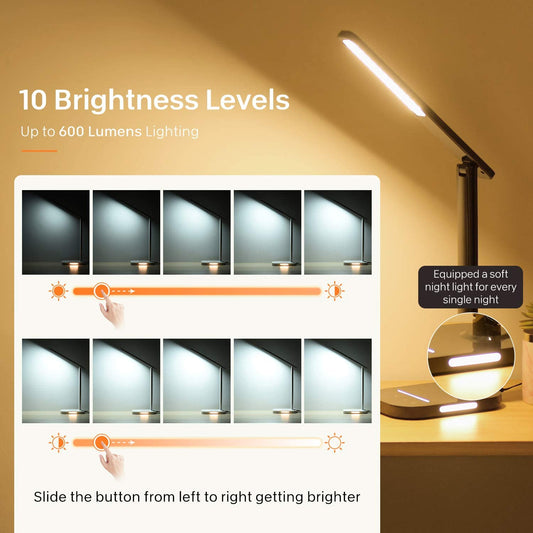 LED Desk Lamp Night Light, 10 Brightness, 5 Color Temperature, USB Charging Port, 1H Timer, Touch Control