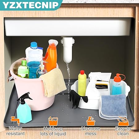 Waterproof, 34”x22”Or Smaller Cut to Fit Flexible Silicone Under Sink Liner with Drain Hole,
