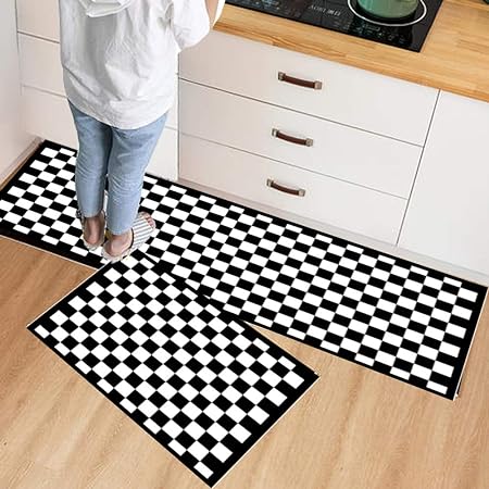 2 Piece Carpet Rubber Backing Non-Slip Kitchen Mat, (17"x23"+17"x47", Black Mosaic)