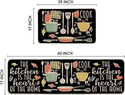 The Kitchen is The Heart of The Home Kitchen Mats Set of 2, Seasonal Cooking Sets Holiday Party Low-Profile Floor Mat for Home Kitchen - 17x29 and 17x47 Inch