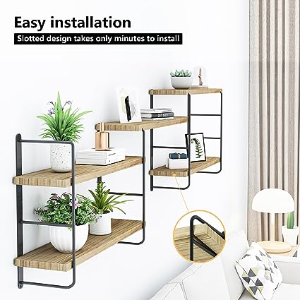 Adjustable Rustic Wall Decor Wood Shelves for Bedroom, Living Room, Bathroom and Kitchen Storage, Durable Metal Frame, Easy Installation (Brown)