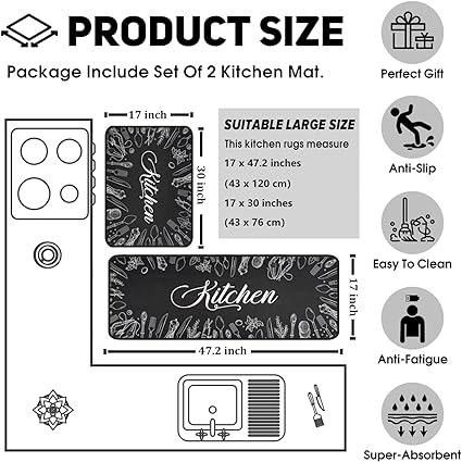 Non Skid Washable Black Kitchen Mat Soft Super Absorbent Anti Fatigue Kitchen Mat Runner Set Doormat Bathroom 17"x47"+17"x30", 2 PCS