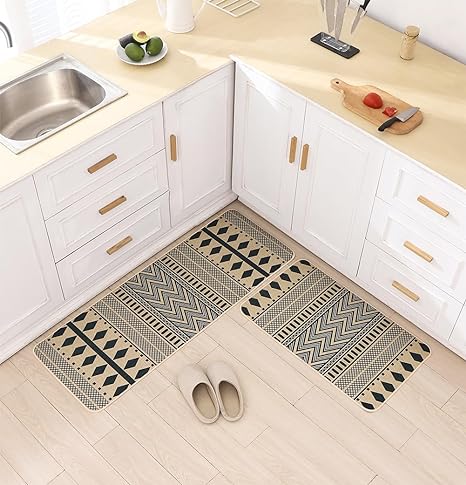 Non Skid Washable Black and White Boho Kitchen Rug Sets of 2, 17x29 and 17x47 Inch