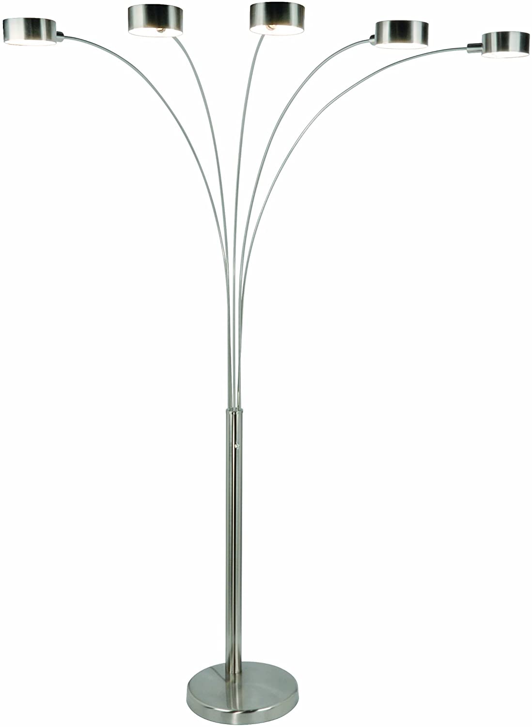 5 Arc Brushed Steel Floor Lamp w/ Dimmer Switch, 360 Degree Rotatable Shades - Dim Options - Stainless Steel