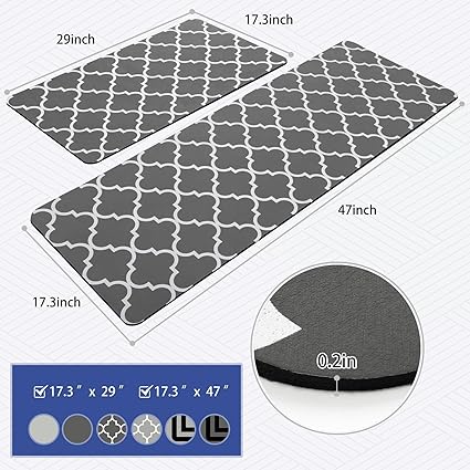 【2 PCS】 Non Skid Kitchen Runner Rug Absorbent Resist Dirt, Kitchen Floor Mat Waterproof Comfort Standing Mat for Kitchen,Home Office,Sink,Laundry（Dark Gray）