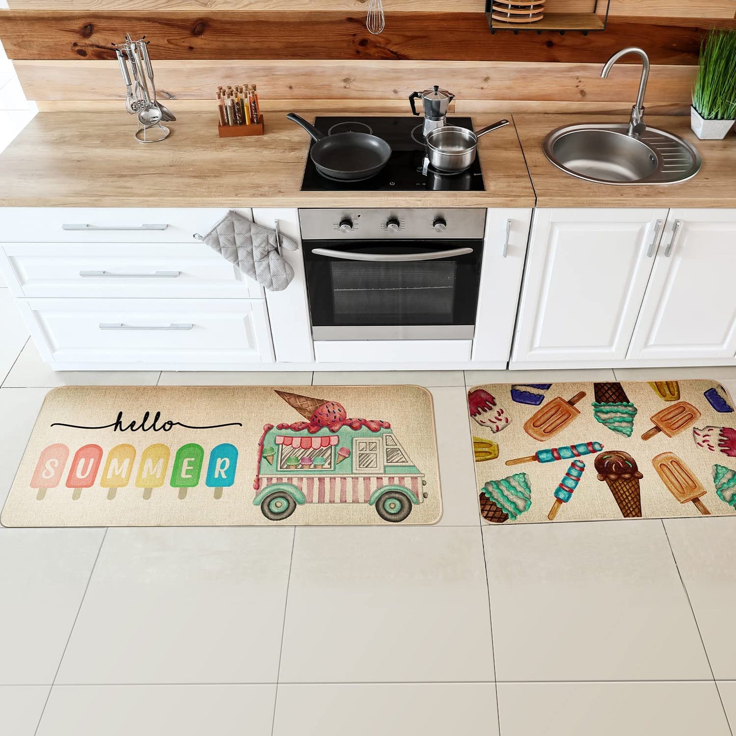 Set of 2 Hello Summer Ice Cream Truck Kitchen Rugs 17x29 and 17x47 Inch DM076