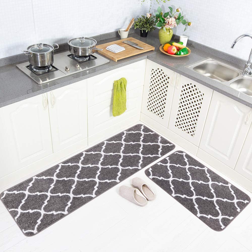 2 Pieces Set Absorbent Soft Microfiber Bath Mat Moroccan Trellis Non-Slip Kitchen Rugs - 17"x48"+17"x24", Grey