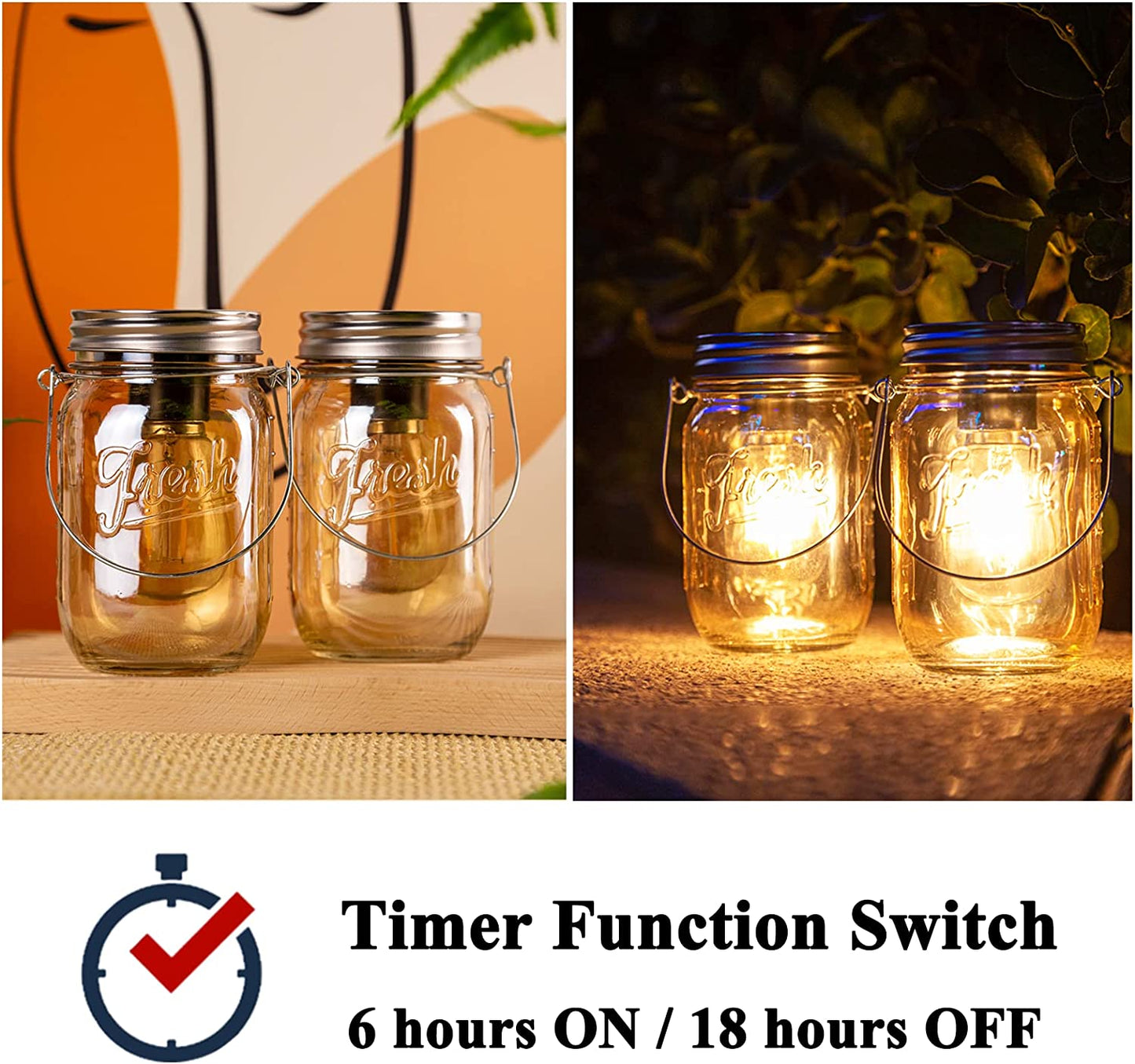 Outdoor Mason Jar Lights Hanging, 2-Pack LED Decorative Garden Lanterns with Timer