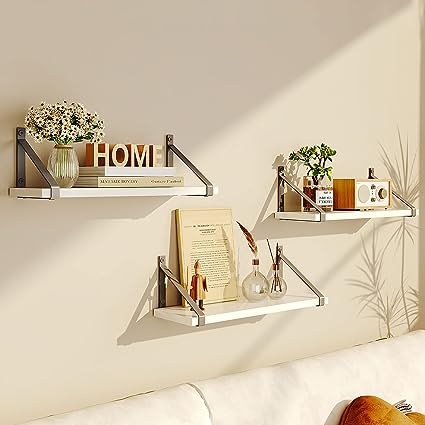 Wall Mounted Bathroom White Floating Shelves Set of 3, (Gold Bracket)