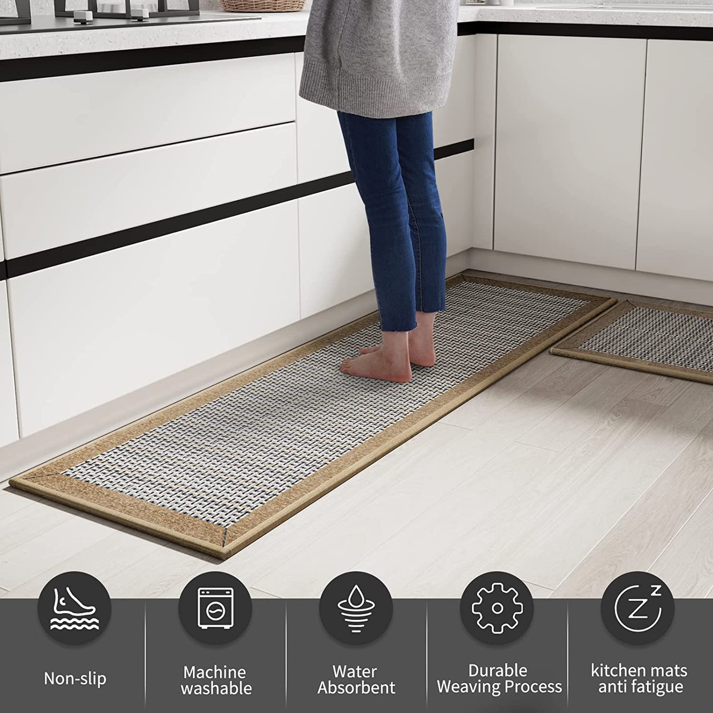 Non Skid Washable,2 Pieces Set Kitchen Rugs - (Light Brown, 20"x32"+20"x48")