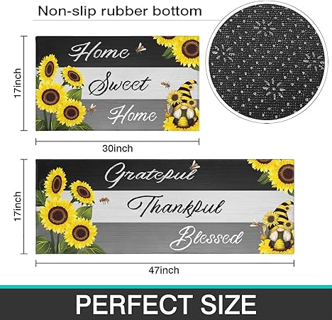 2 Piece Washable Non-Slip Black Boho Kitchen Mats