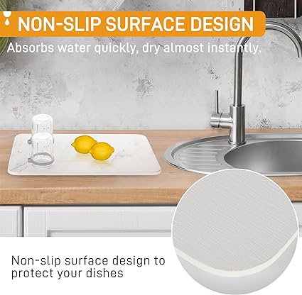 Stone Dish Drying Mat for Kitchen Counter, Quick Drying Diatomaceous Earth Stone Mat, Super Absorbent Marble Dish Drying Pad, Heat Resistant Non-Slip Rack Tableware Mat(16x12 inch)