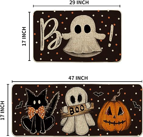 Bats Black Cats Boo Pumpkin Halloween Kitchen Mats Set of 2, 17x29 and 17x47 Inch