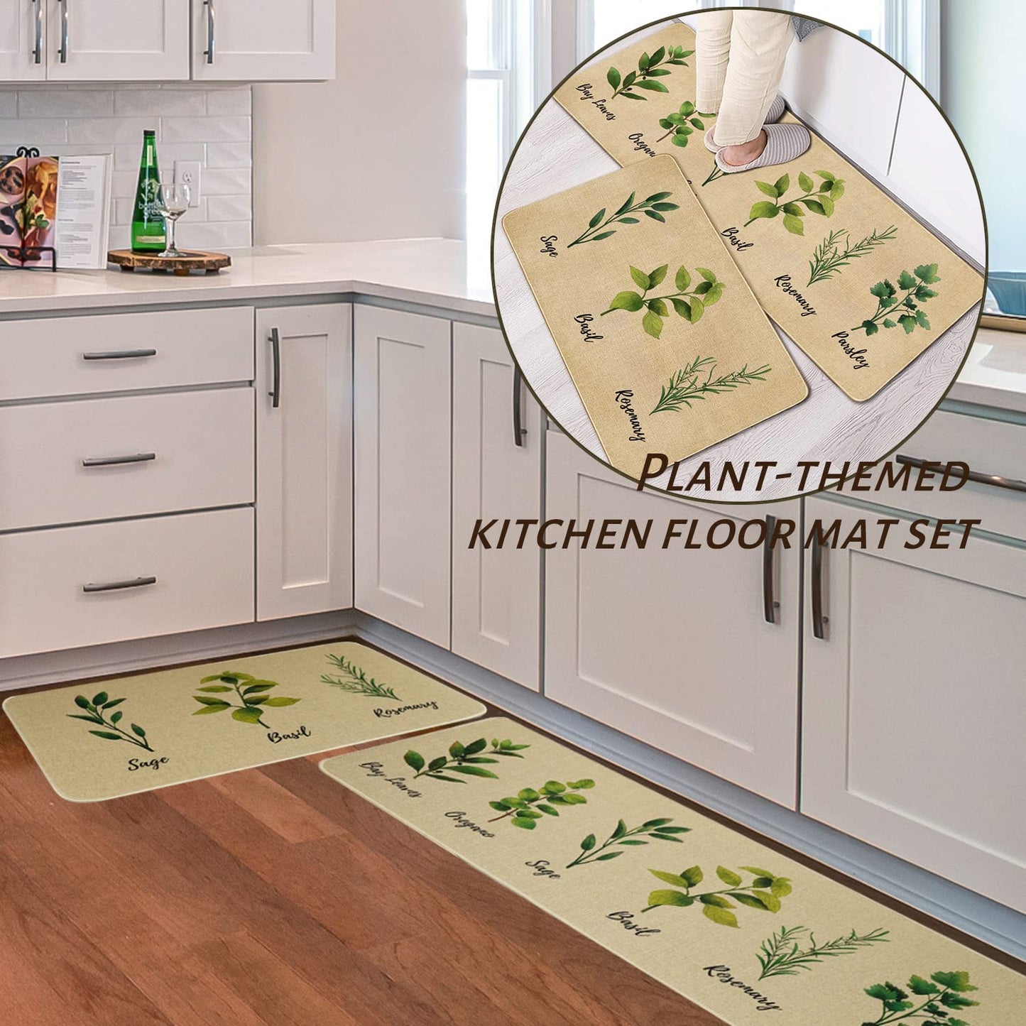 Set of 2- Plant Floral Butterfly Kitchen Rugs with Runner Decor Accessories Things - 17x30 and 17x48 Inch