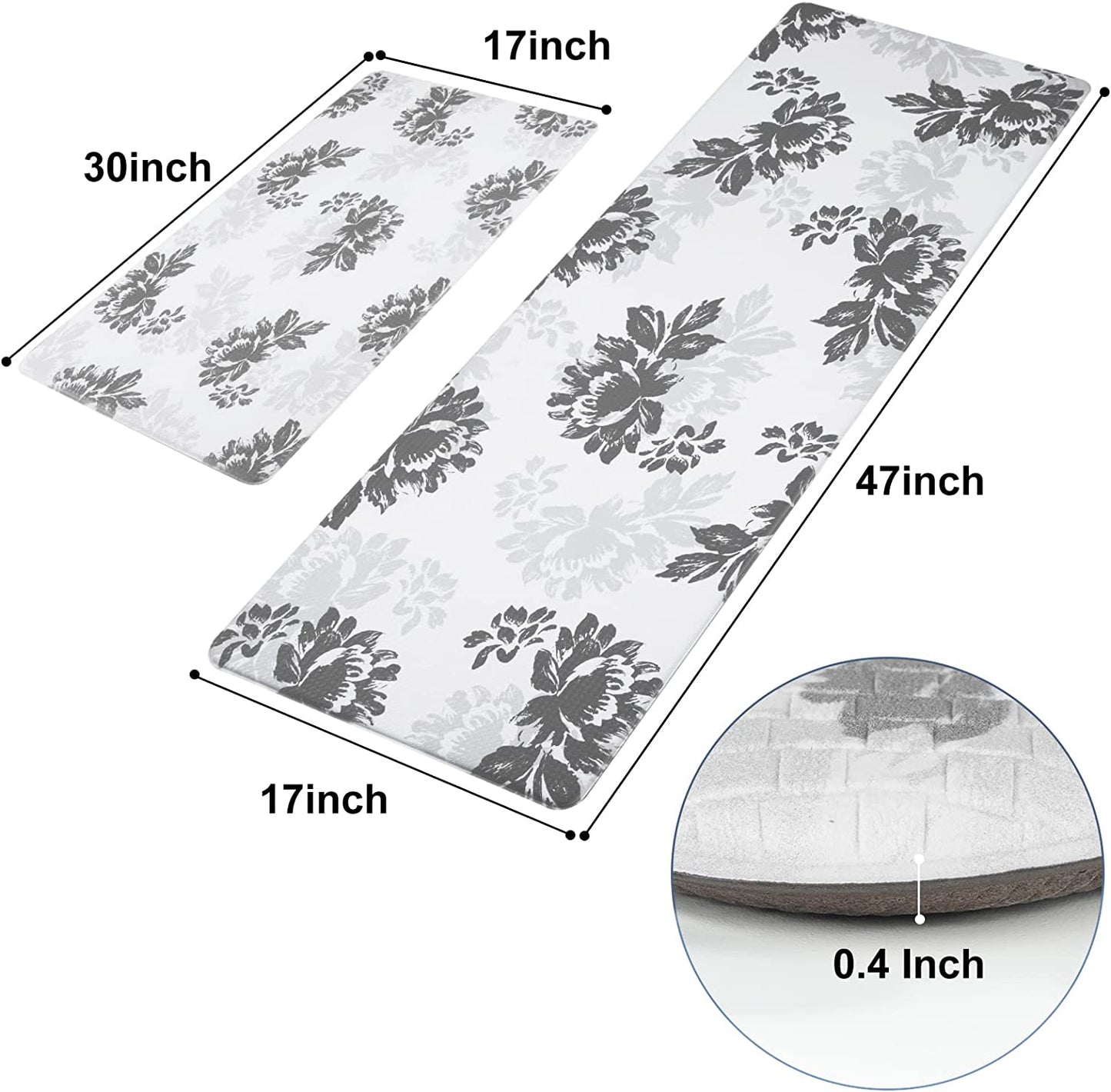 2 Pcs Anti Fatigue Waterproof PVC Non Skid Washable, Cushioned Comfort Mats, 17'' x 47''+17'' x 30''