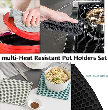 Heat Resistant Counter Silicone Trivet Pot Mat, 4 Pack Black(2 Squared + 2 Round)